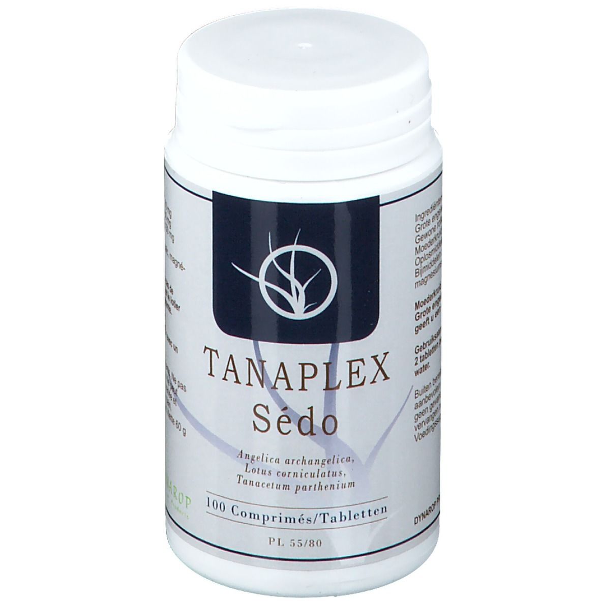 Witte tablettenpot met zwart etiket. Opschrift: TANAPLEX Sédo, 100 tabletten. Botanische namen.
