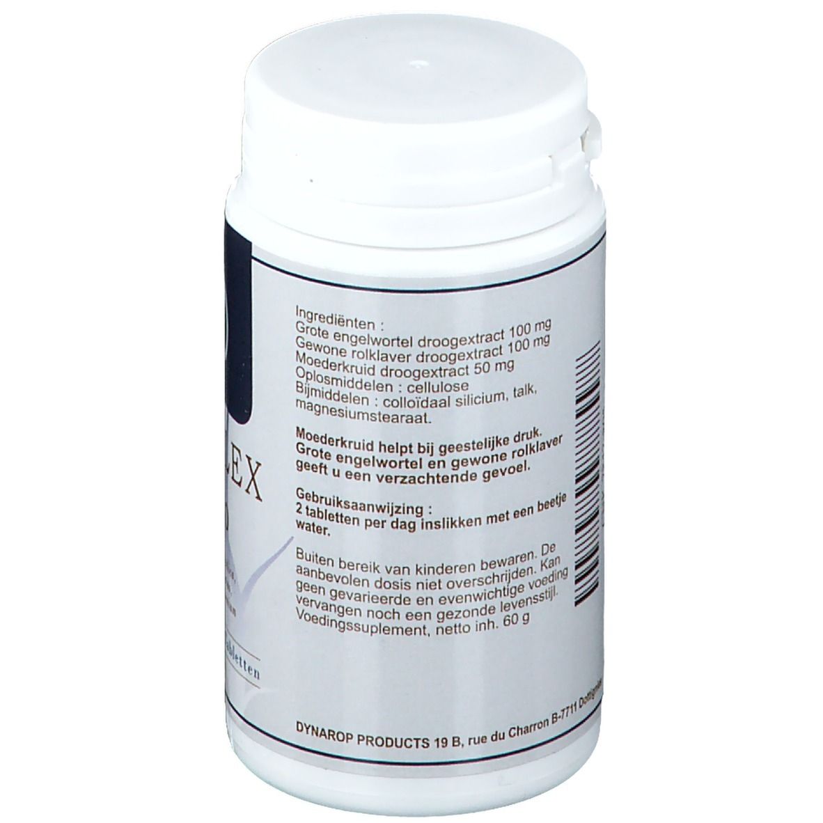 Achterkant van de witte tablettenpot. Lijst van ingrediënten en gebruiksaanwijzing: 2 tabletten per dag.