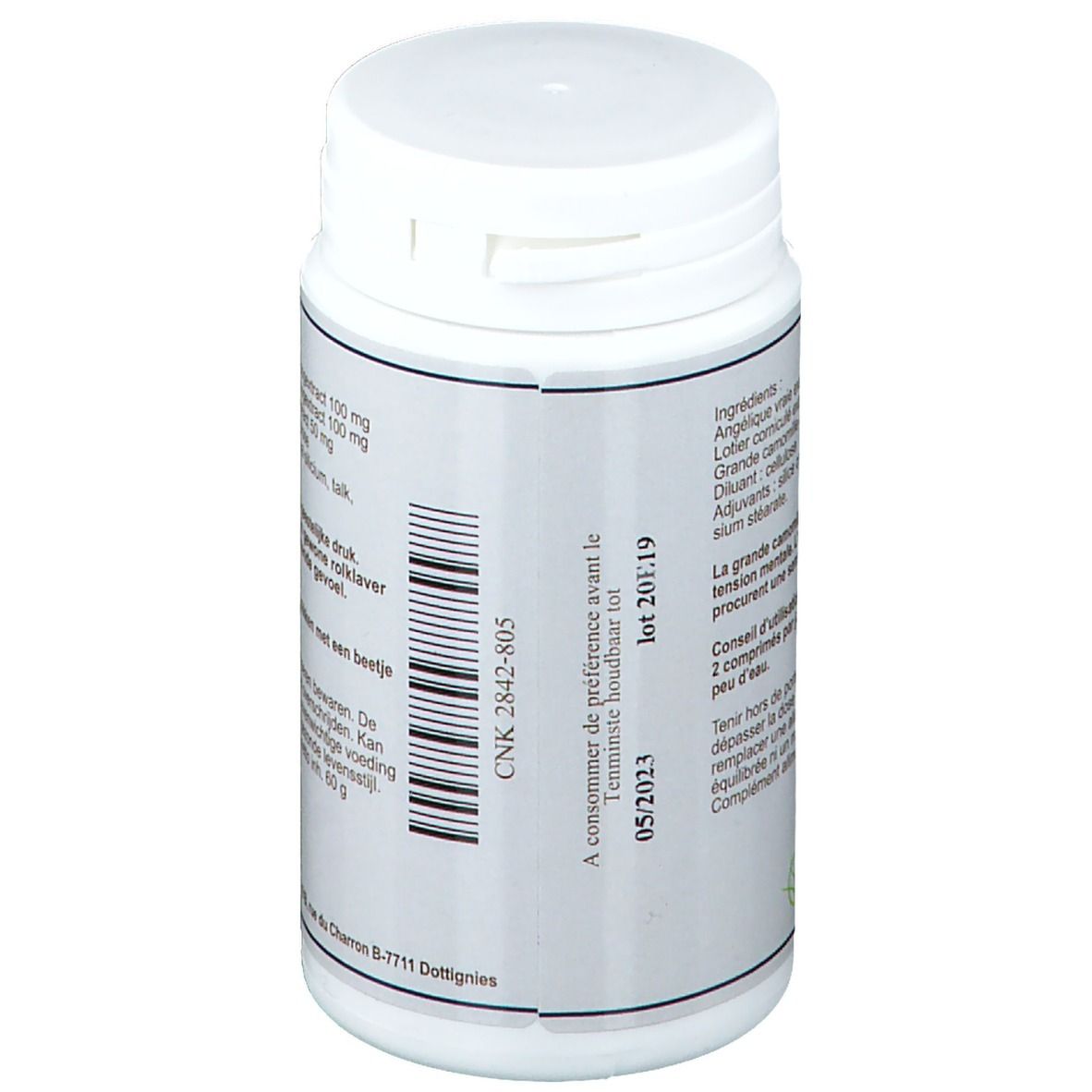 Achterkant van de witte tablettenpot. Barcode, houdbaarheidsdatum 05/2023. Adres van de fabrikant.