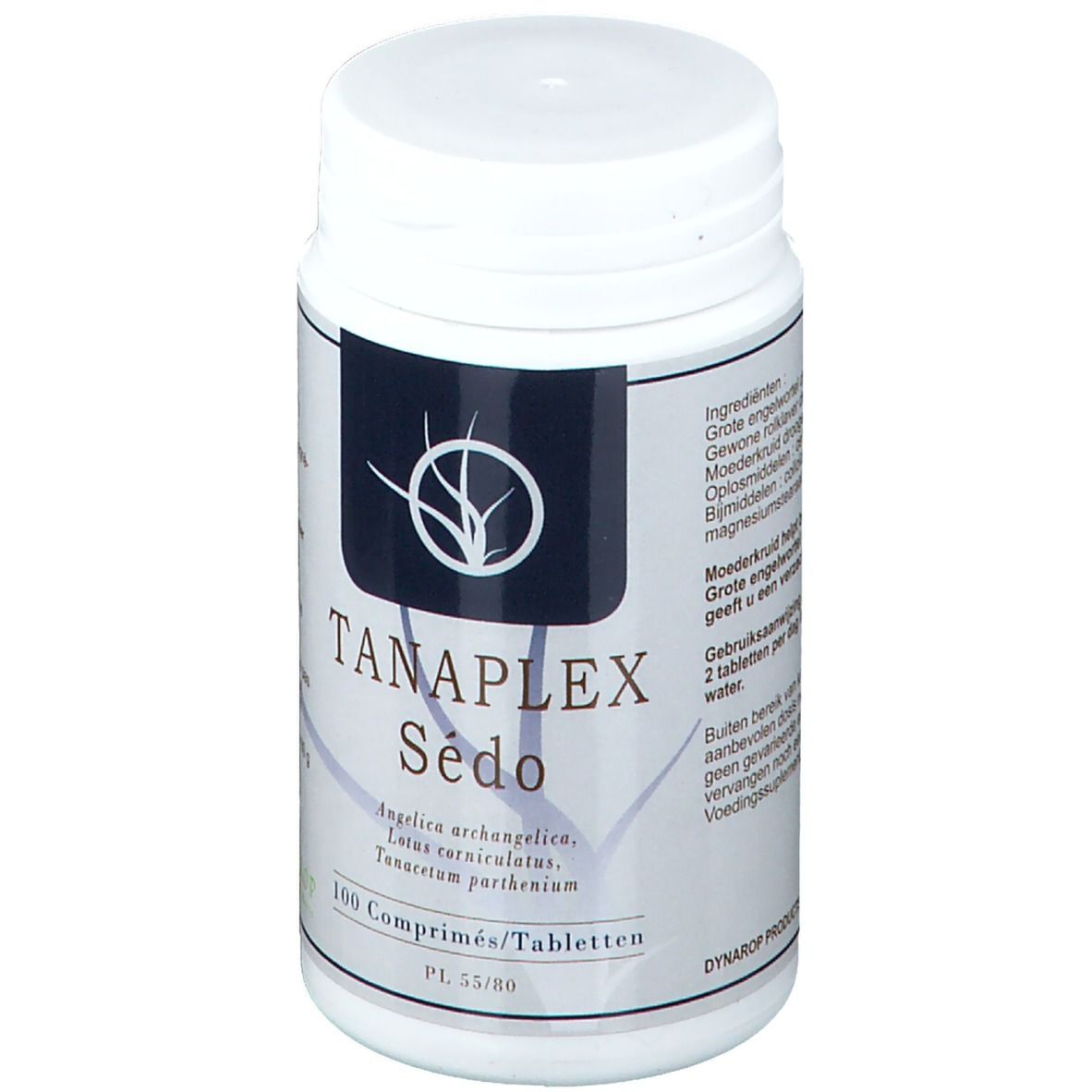 Witte tablettenpot met zwart etiket. Opschrift: TANAPLEX Sédo, 100 tabletten. Botanische namen.