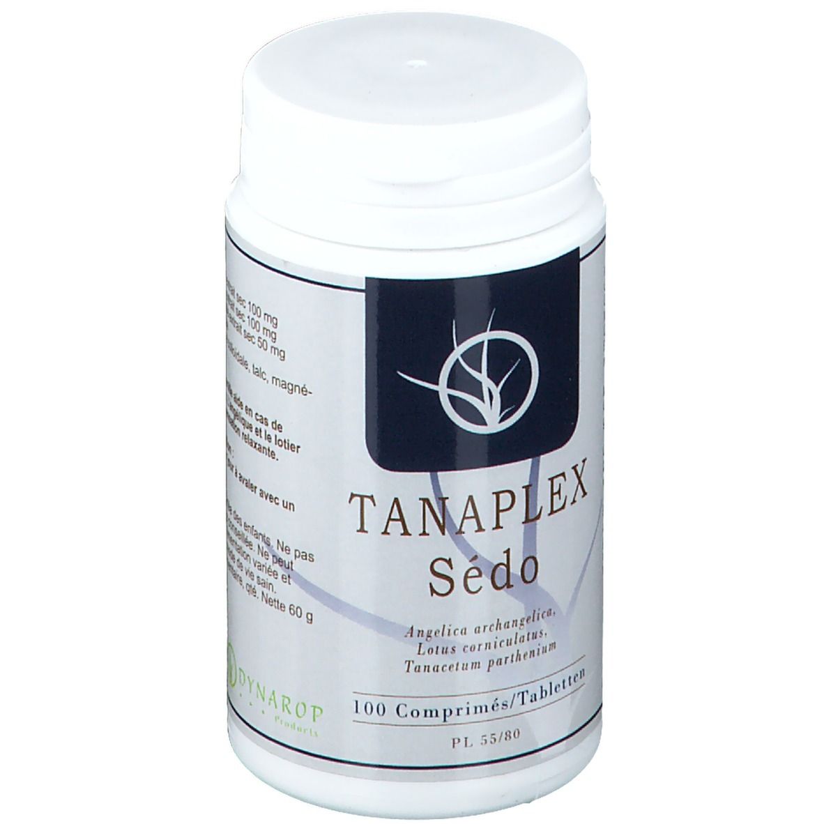 Witte tablettenpot met zwart etiket. Opschrift: TANAPLEX Sédo, 100 tabletten. Botanische namen.