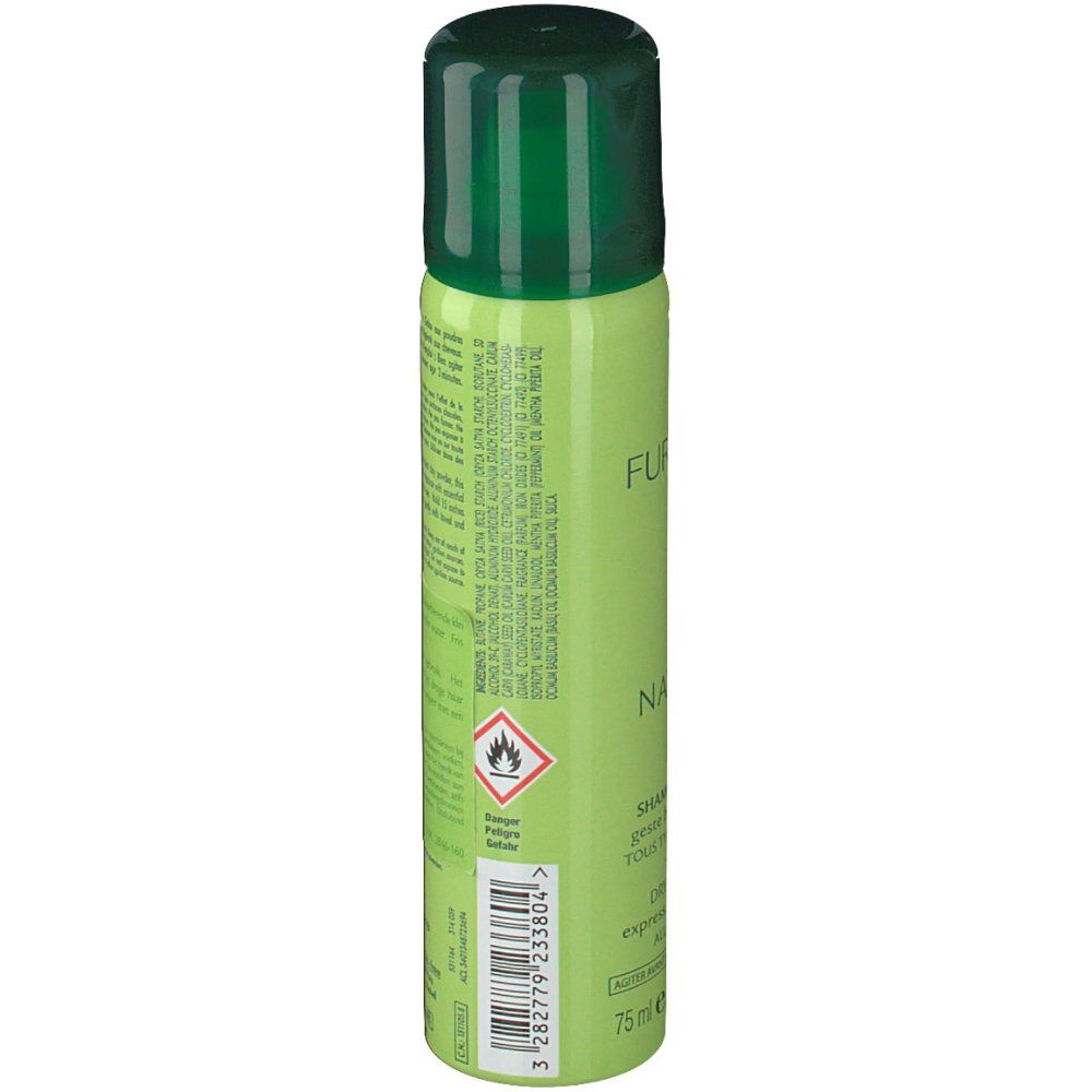 Flacon vert avec bouchon vert. Texte: Naturia, shampooing sec, 75 ml.