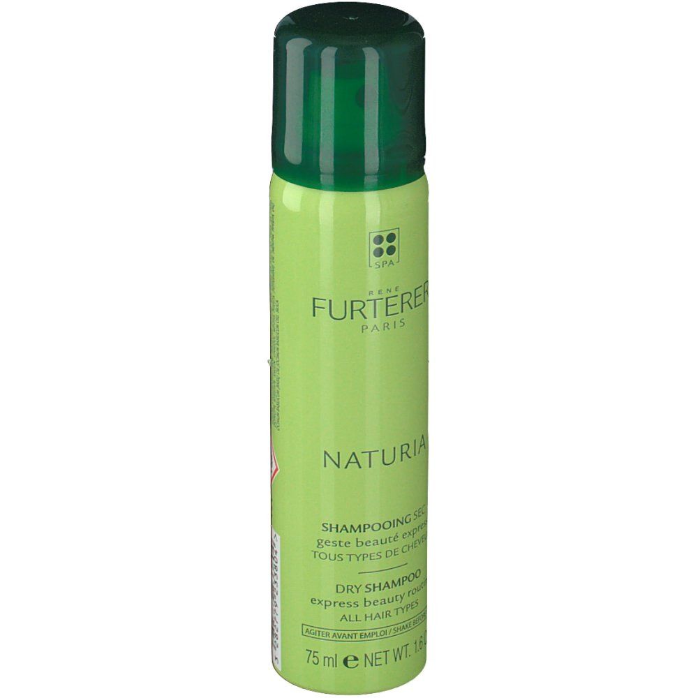 Flacon vert avec bouchon vert. Texte: Naturia, shampooing sec, 75 ml.