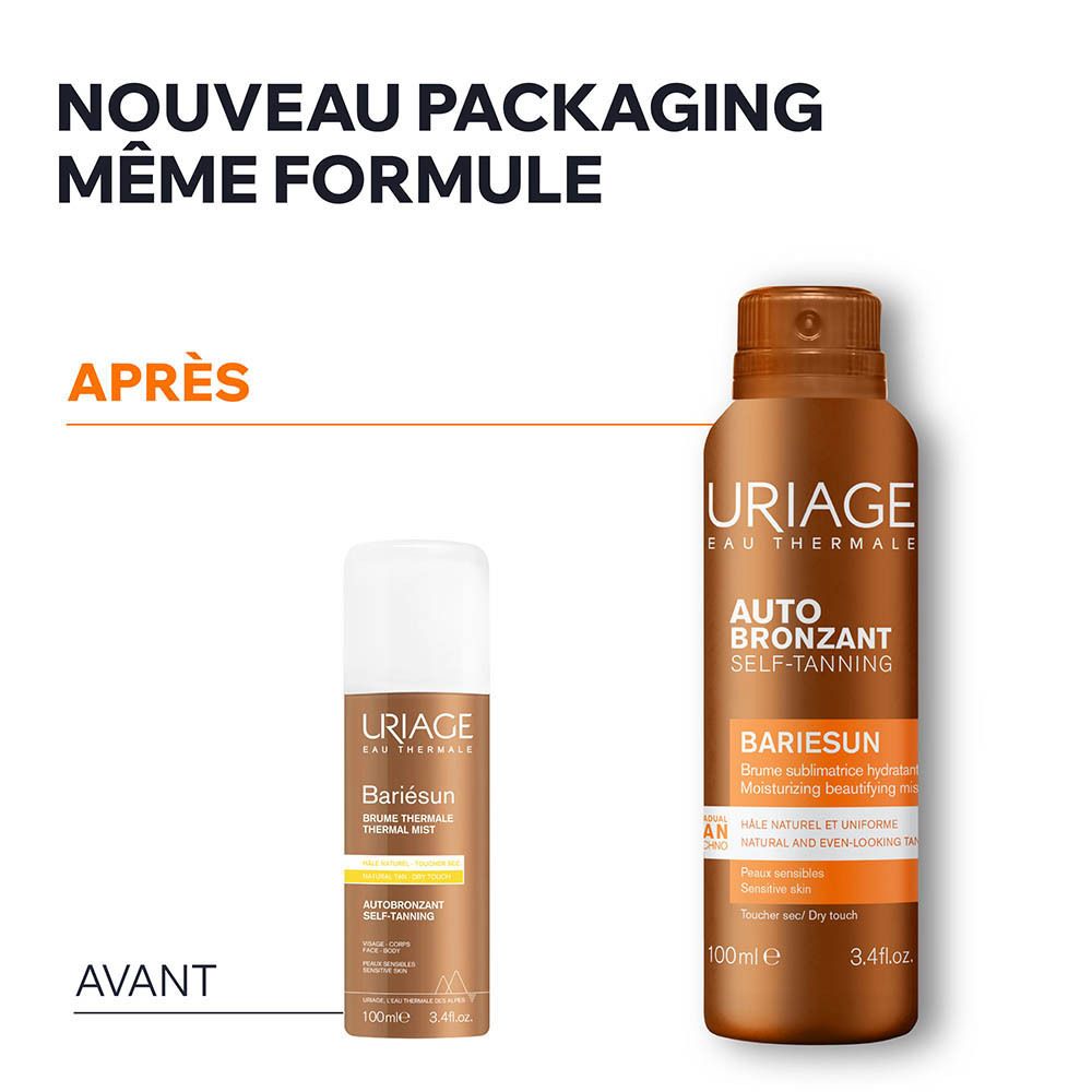 Comparaison avant-après. Ancien et nouveau produit. URIAGE Auto Bronzant. Même formule, nouveau design.