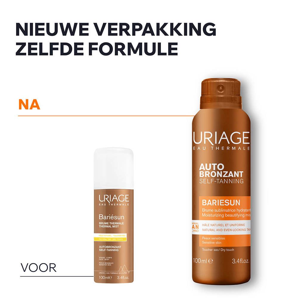 Voor-en-na vergelijking. Oud en nieuw product. URIAGE Auto Bronzant. Zelfde formule, nieuw design.