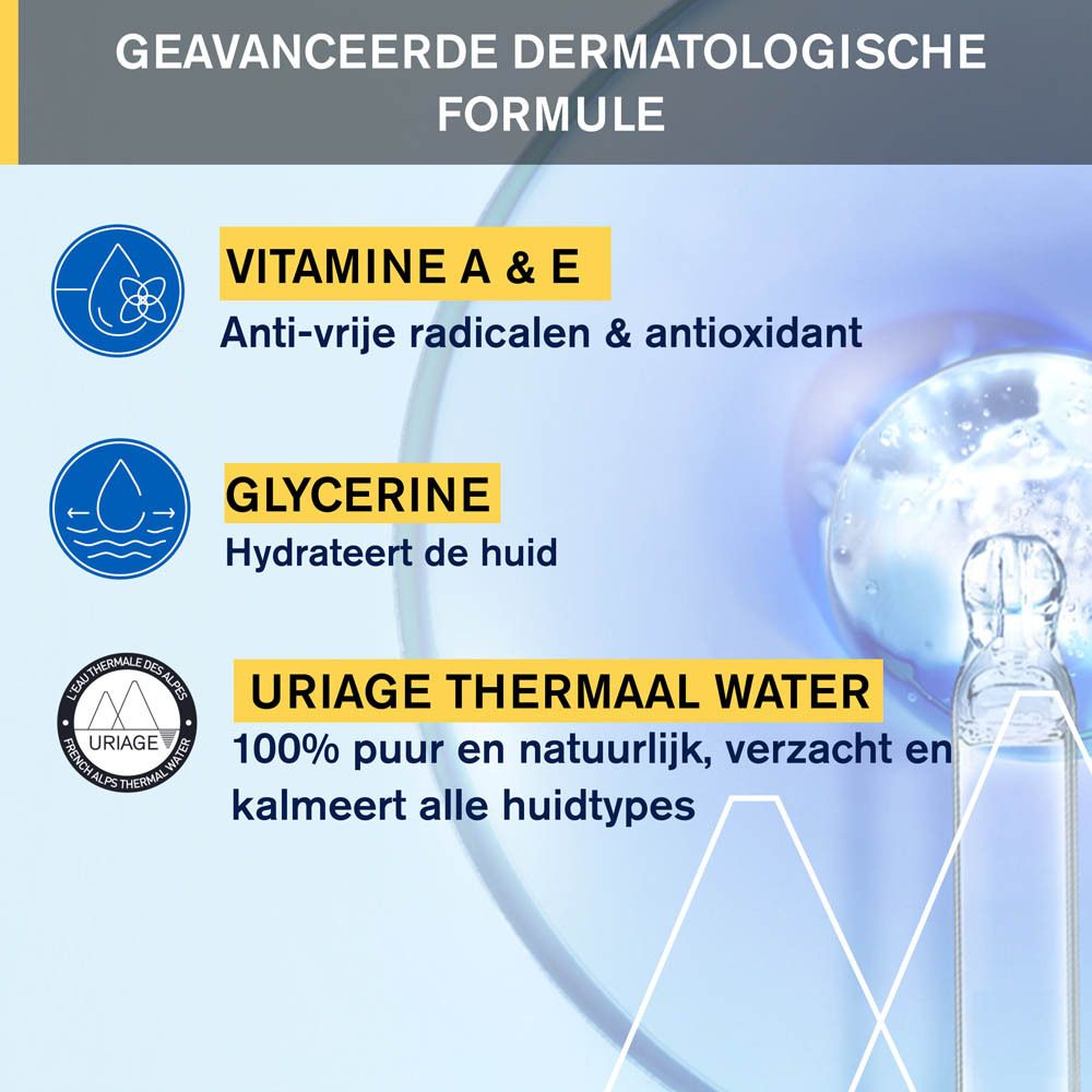 Close-up. Tekstvakken met tekst. Tekst: Vitamine A & E, Glycerine, Uriage Thermaal Water.