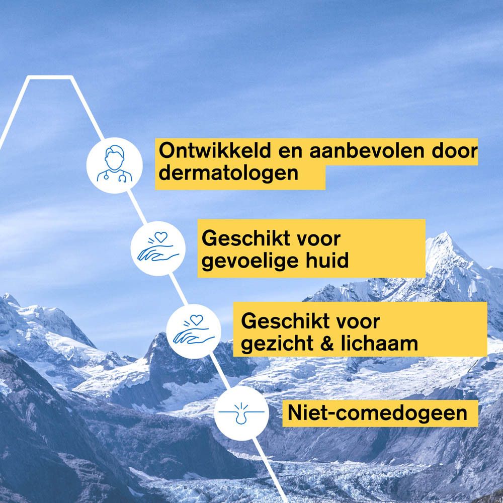 Tekstvakken met tekst. Tekst: Ontwikkeld en aanbevolen door dermatologen, Geschikt voor gevoelige huid, Geschikt voor gezicht & lichaam, Niet-comedogeen.