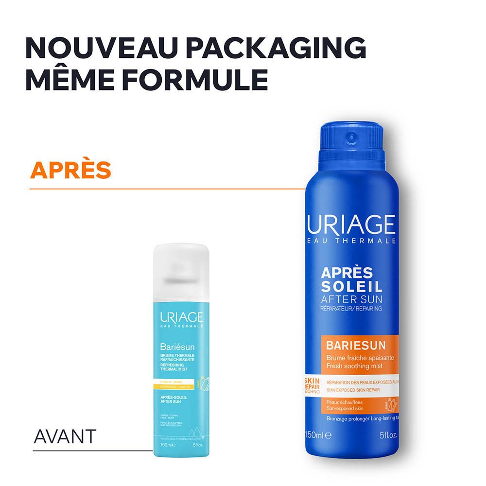 Flacon spray bleu. Inscription: URIAGE Eau Thermale, Après Soleil, Bariésun, 50ml.