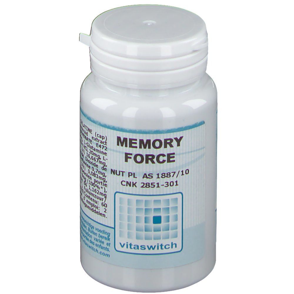 Flacon blanc "Memory Force" avec étiquette. Contient des gélules. Logo Vitaswitch en bas.