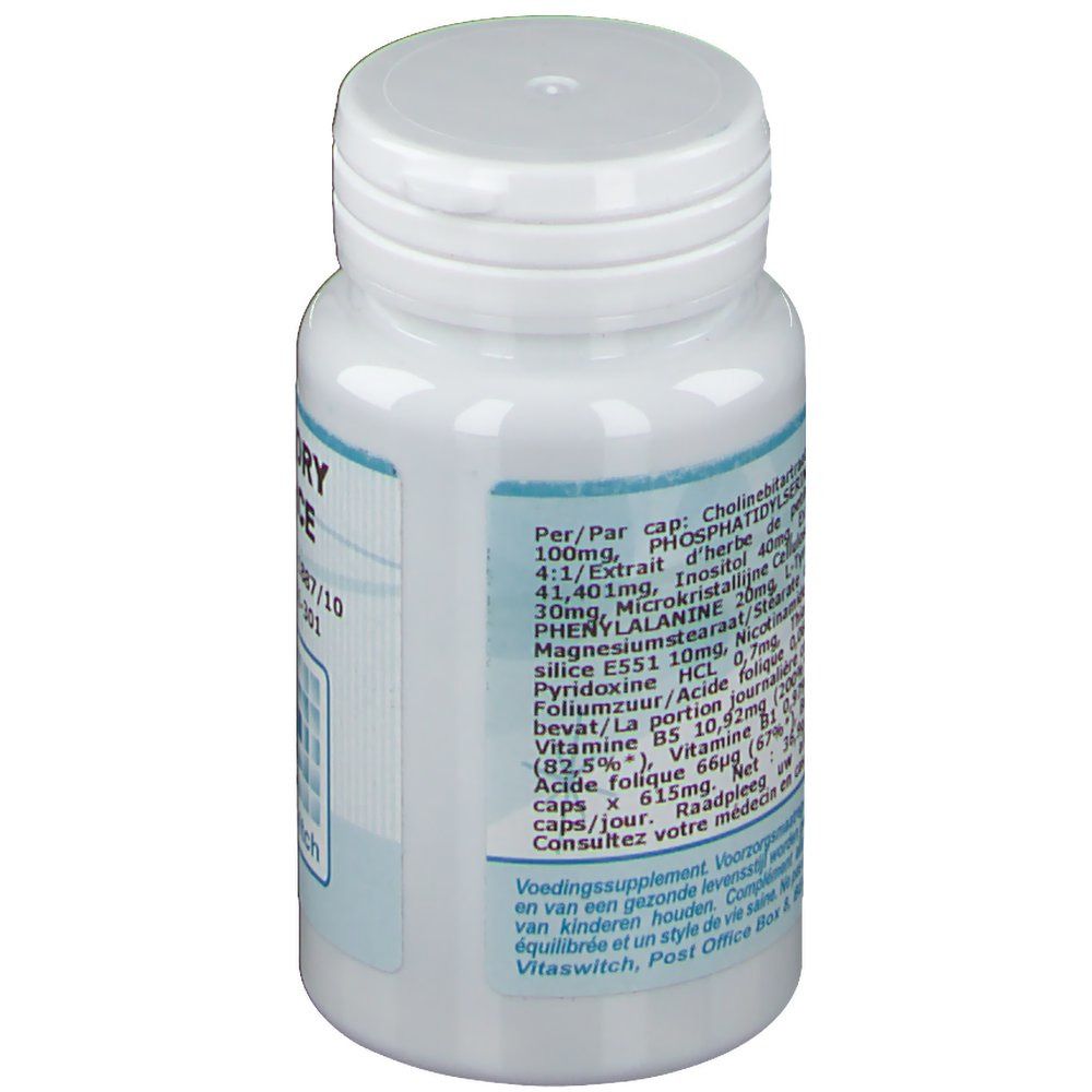 Dos du flacon blanc. Contient des informations sur les ingrédients et le dosage.