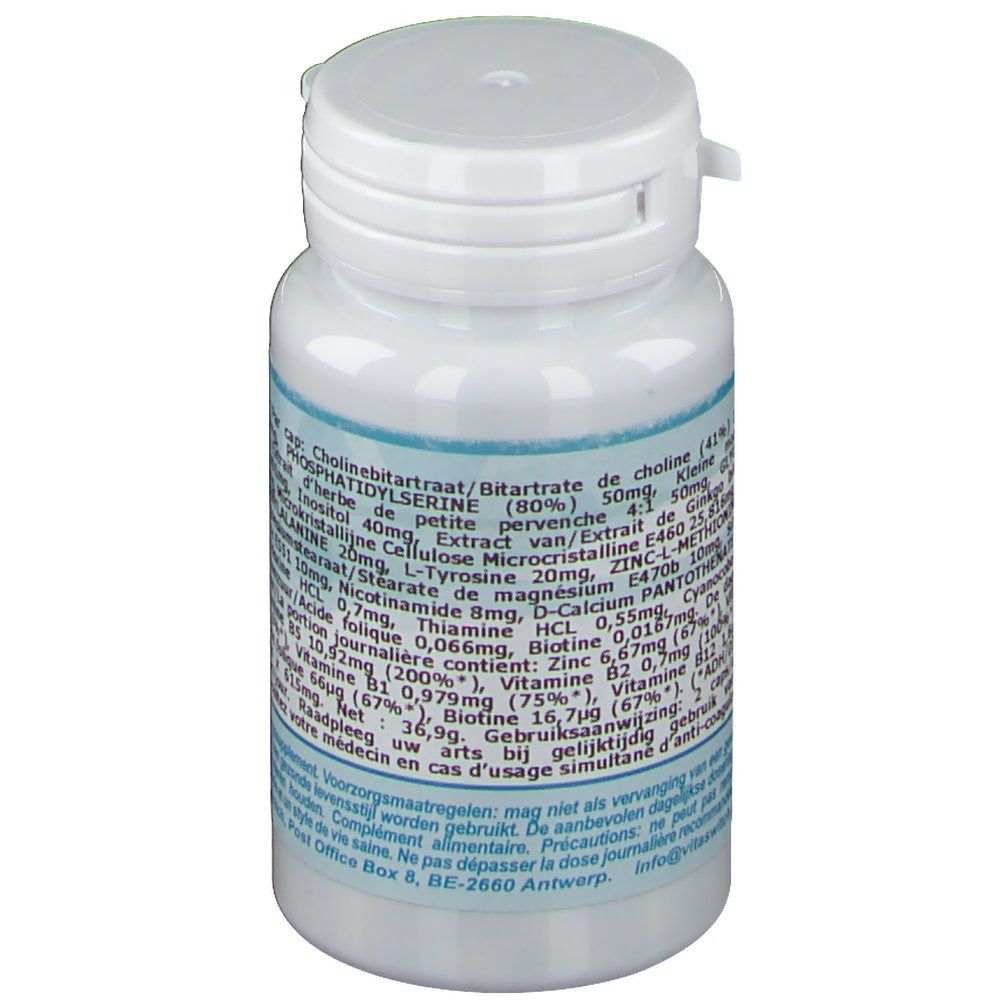 Dos du flacon blanc. Vue détaillée de la liste des ingrédients et du dosage.