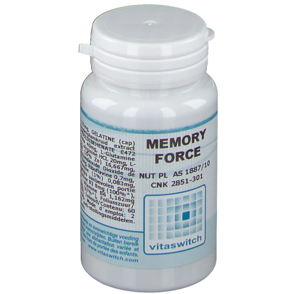 Flacon blanc "Memory Force" avec étiquette. Contient des gélules. Logo Vitaswitch en bas.