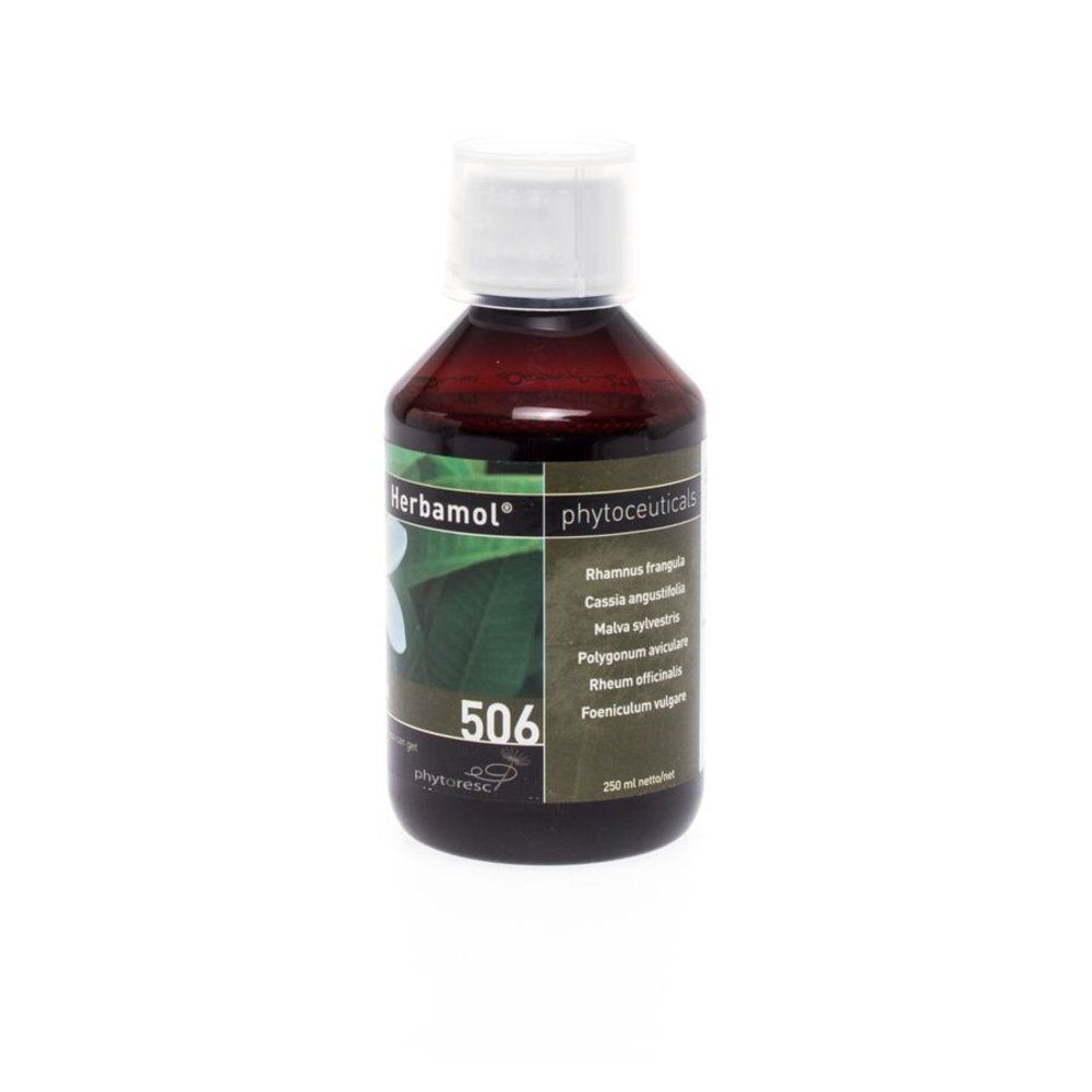 Bruine fles met witte dop. Opschrift Herbamol, 506 en phytocuticals. Bevat plantenextracten. 250 ml.