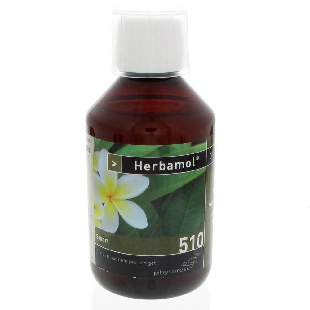 Bruine fles met witte dop. Etiket met productnaam Herbamol 510 Smart en bloem. Fabrikantenlogo.