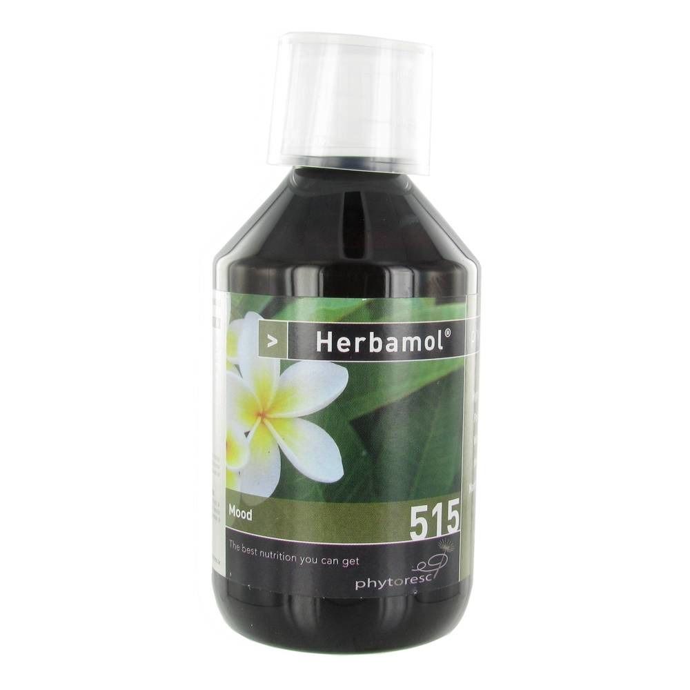 Flacon de liquide brun avec bouchon blanc. Inscription Herbamol, Mood, 515 et logo.