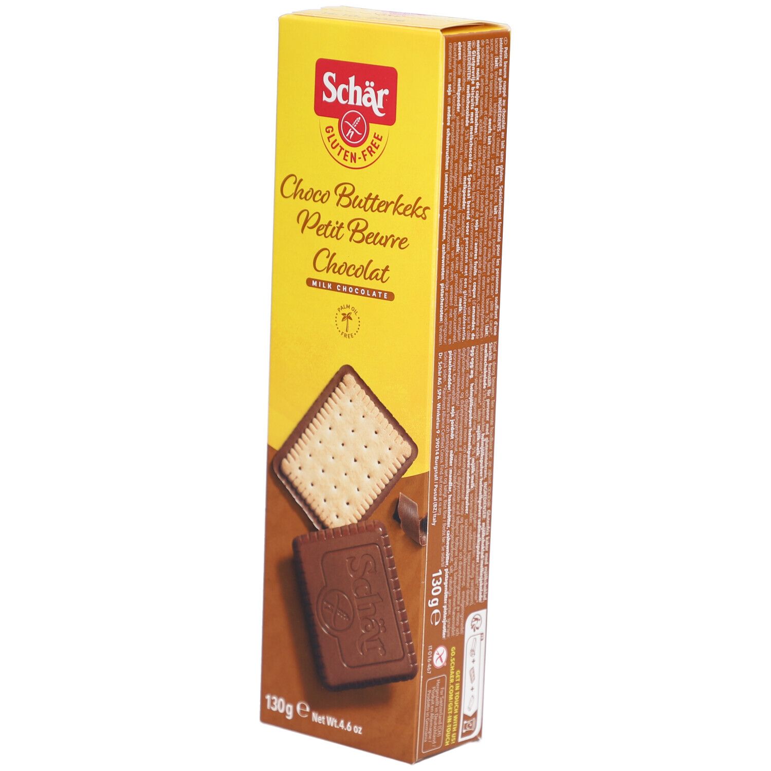 Boîte de Schär Choco Butterkeks sans gluten. Emballage jaune et marron. Inscriptions : Choco Butterkeks, Petit Beurre Chocolat, 130g.