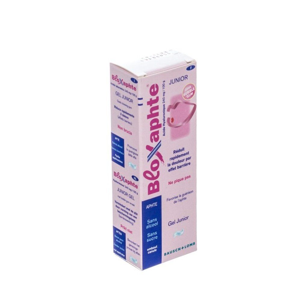 Roze doos Bloxaphte Junior. Tekst: Gel Junior, Sans alcool, Sans sucre. Merk: Bausch + Lomb. Illustratie mond.