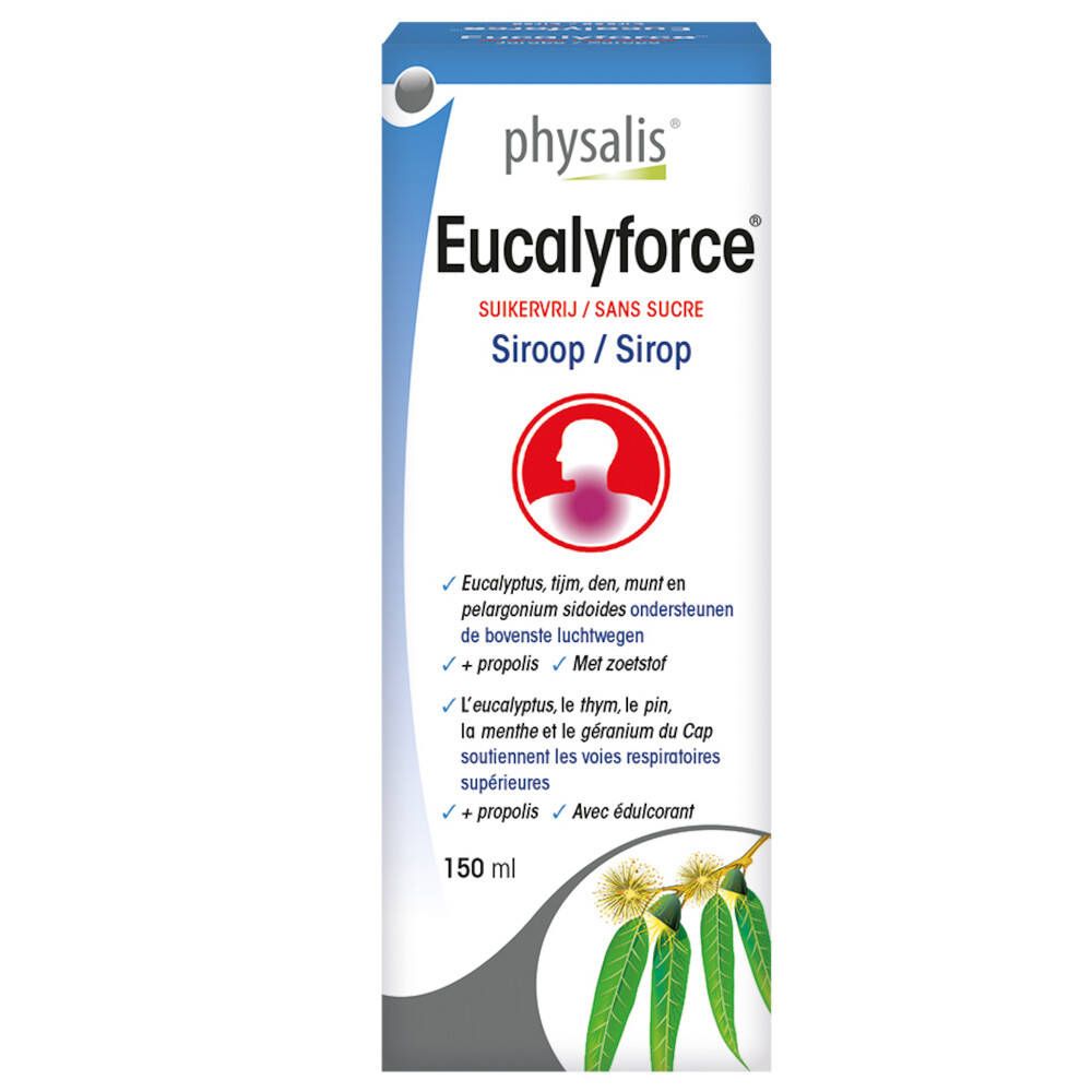 Physalis Eucalyforce Zuckerfrei Bio. Fles siroop. Opschrift: Eucalyforce, zonder suiker. Illustratie: keelgebied.