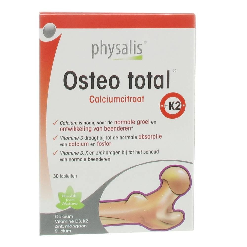 Verpakking van Osteo Total. Opschrift: Calciumcitraat, +K2, 30 tabletten. Bevat calcium, vitamine D3, K2, zink, mangaan, selenium.