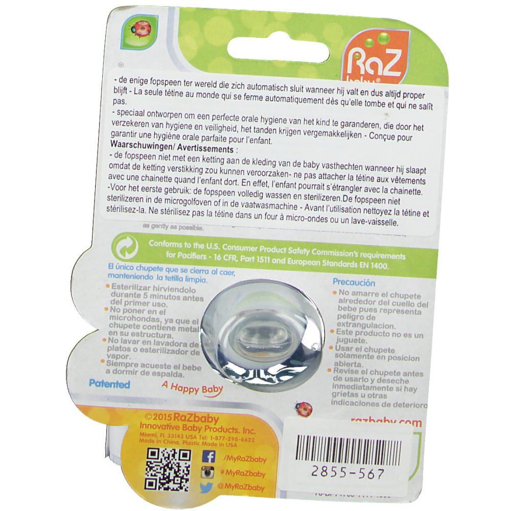 Achterkant blisterverpakking met tekst en pinguïn fopspeen. Bevat informatie over veiligheid en gebruik. Merk Raz Baby.