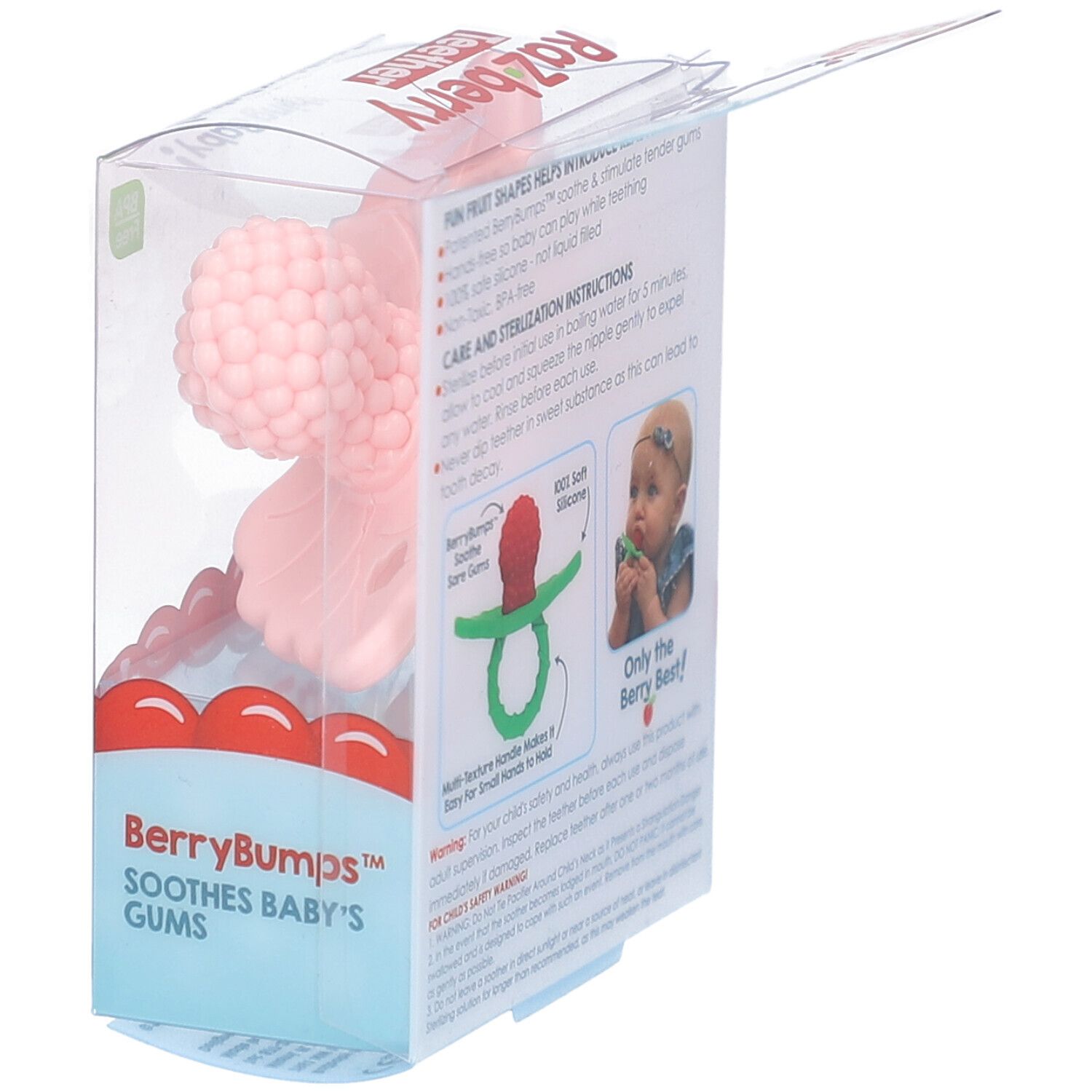Verpakking met bijtring. De ring is roze, in de vorm van een framboos. Tekst: Raz-berry Teether. BPA-vrij.