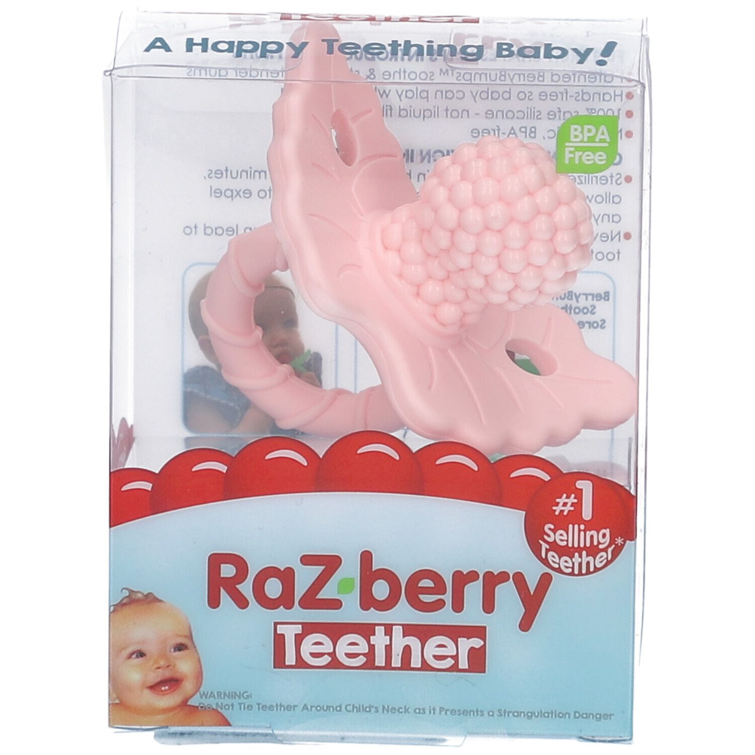 Roze bijtring in transparante verpakking. Bloemvormig met nopjes. BPA-vrij. Opschrift: Raz-berry Teether.