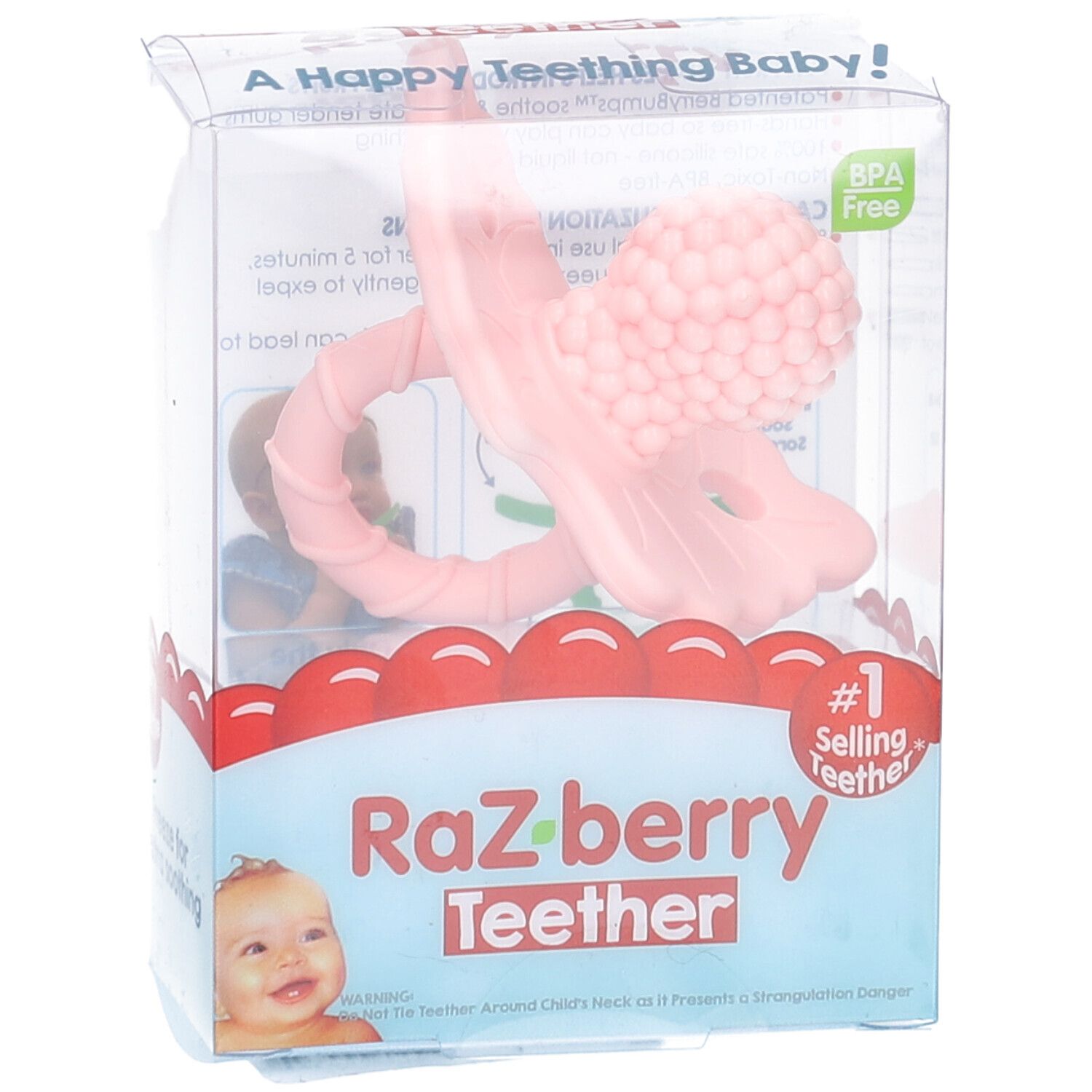 Roze bijtring in transparante verpakking. Bloemvormig met nopjes. BPA-vrij. Opschrift: Raz-berry Teether.