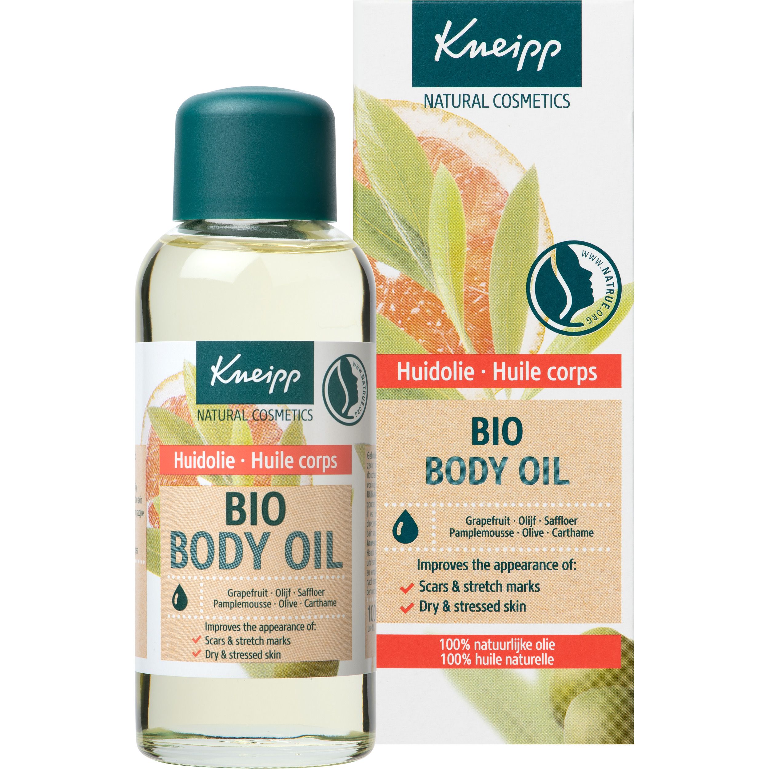 Kneipp Bio Body Oil fles en verpakking. Groen-witte etiketten. Bevat grapefruit, saffloer, olijf. Voor littekens, striae en droge huid.