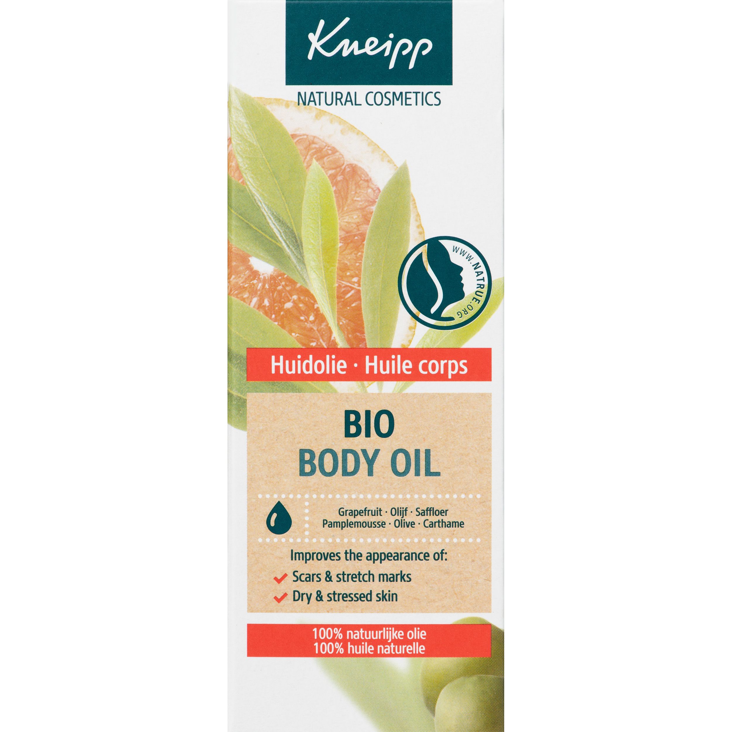 Kneipp Bio Body Oil verpakking. Groen-witte etiketten. Bevat grapefruit, saffloer, olijf. Voor littekens, striae en droge huid.