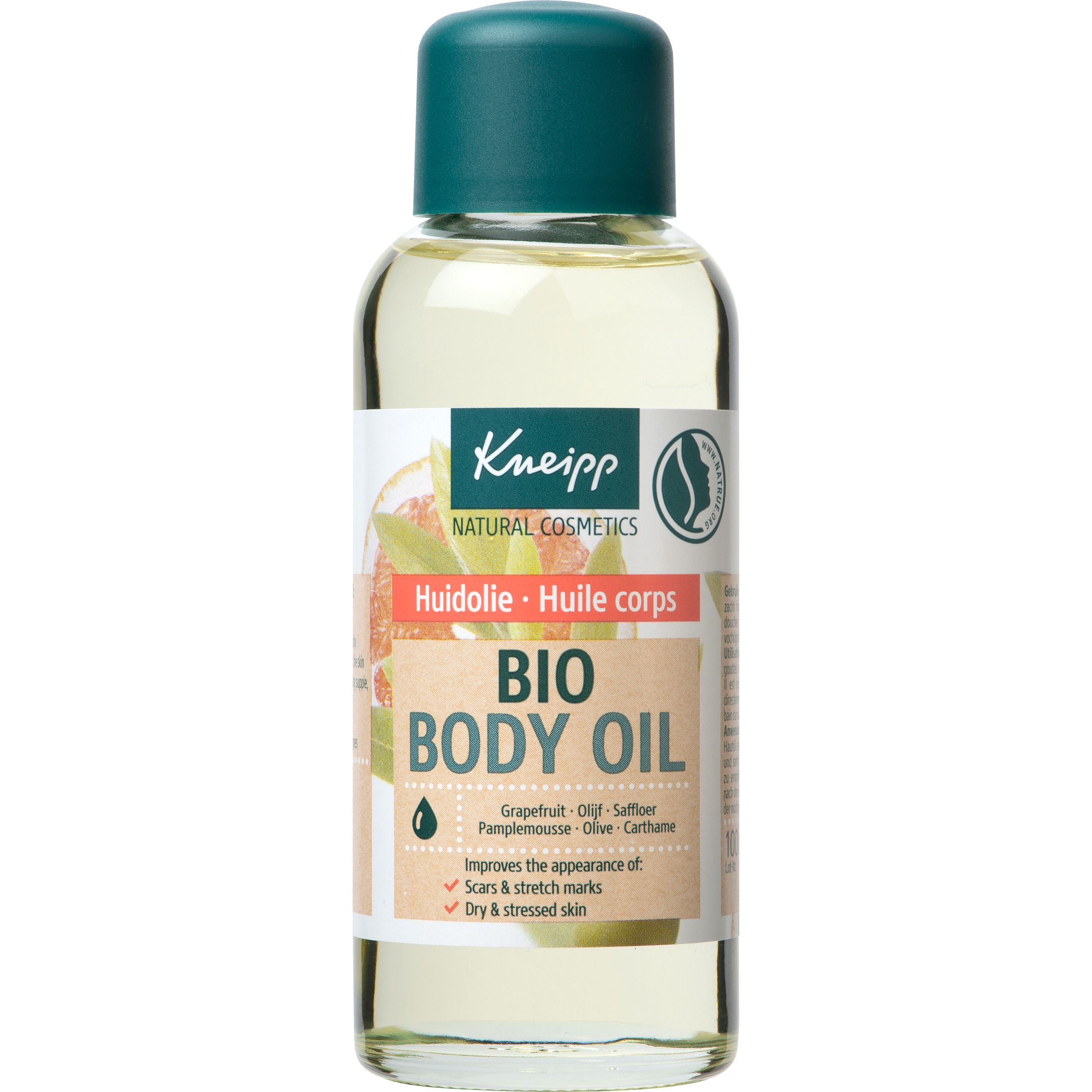 Kneipp Bio Body Oil fles en verpakking. Groen-witte etiketten. Bevat grapefruit, saffloer, olijf. Voor littekens, striae en droge huid.