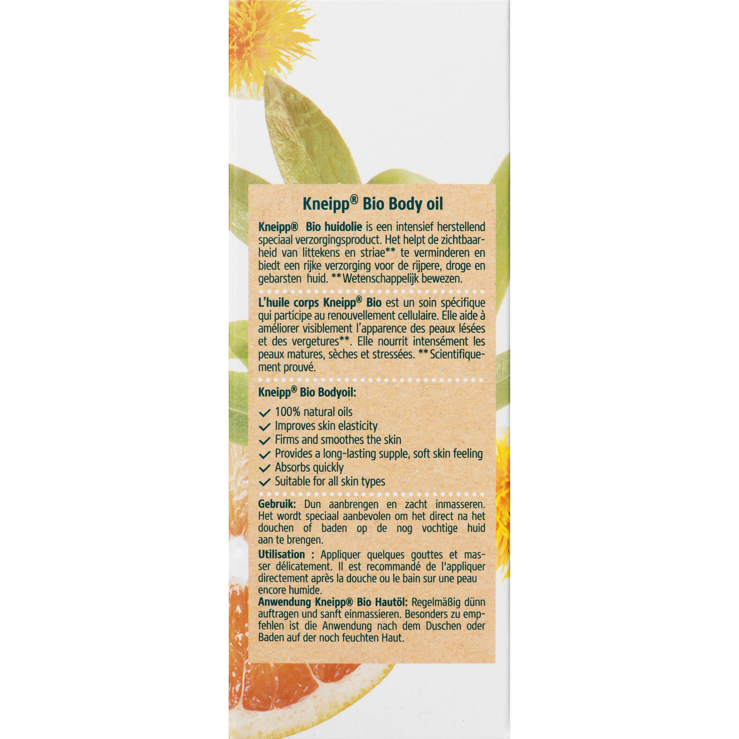 Achterkant van de Kneipp Bio Body Oil verpakking. Meertalige tekst. Bevat informatie over ingrediënten en eigenschappen.