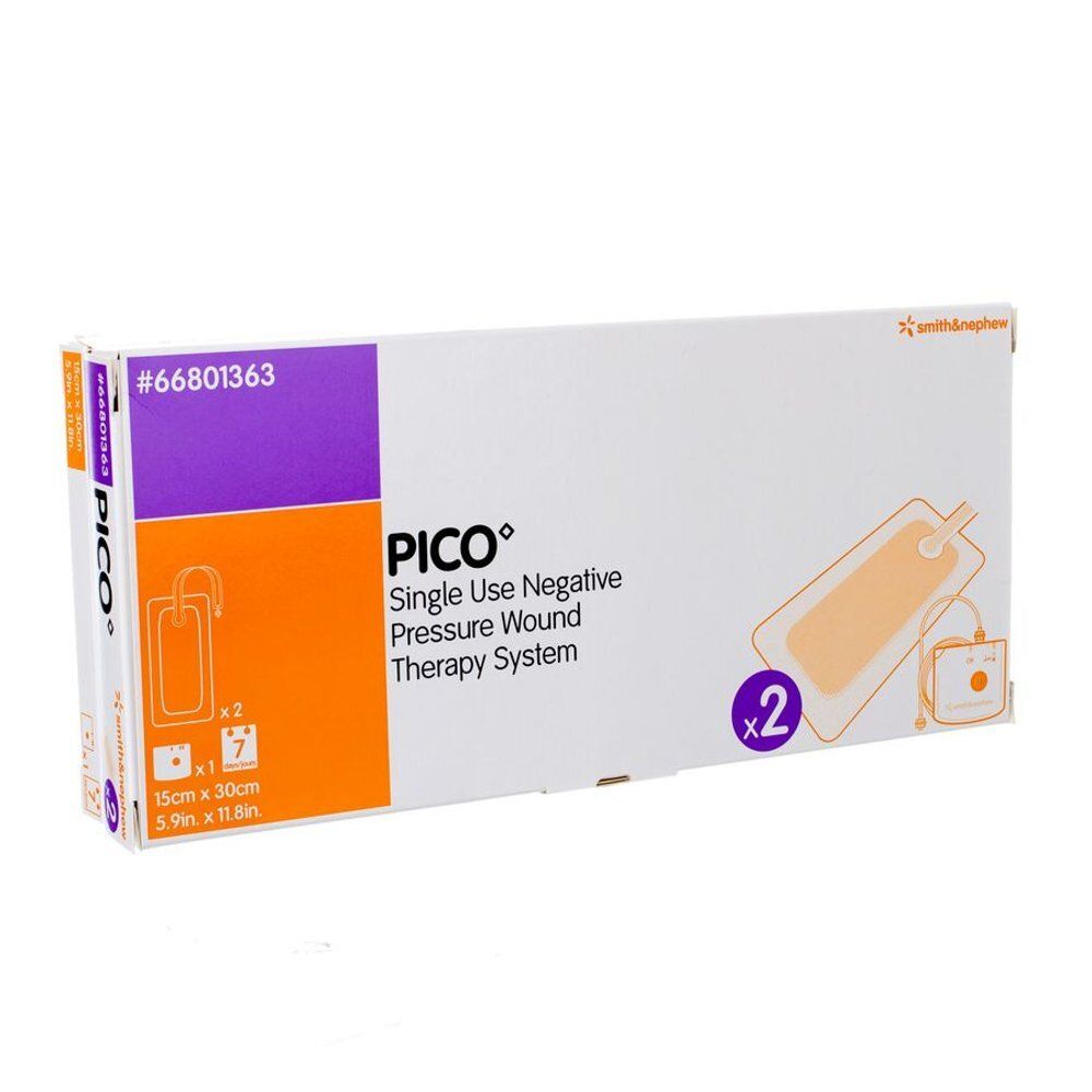 Verpakking met twee negatieve druk wondtherapie systemen. Merk PICO. Afmeting: 15cm x 30cm. Smith & Nephew.