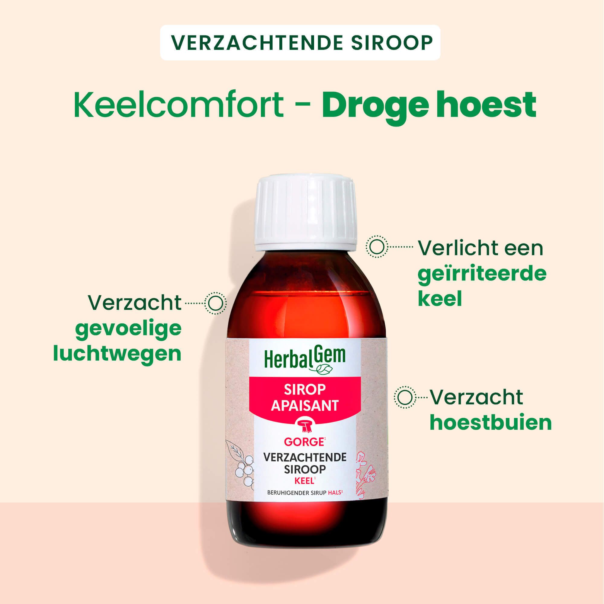 Fles met vloeistof. HerbalGem Sirop Apaisant. Tekst: Keelcomfort - Droge hoest.