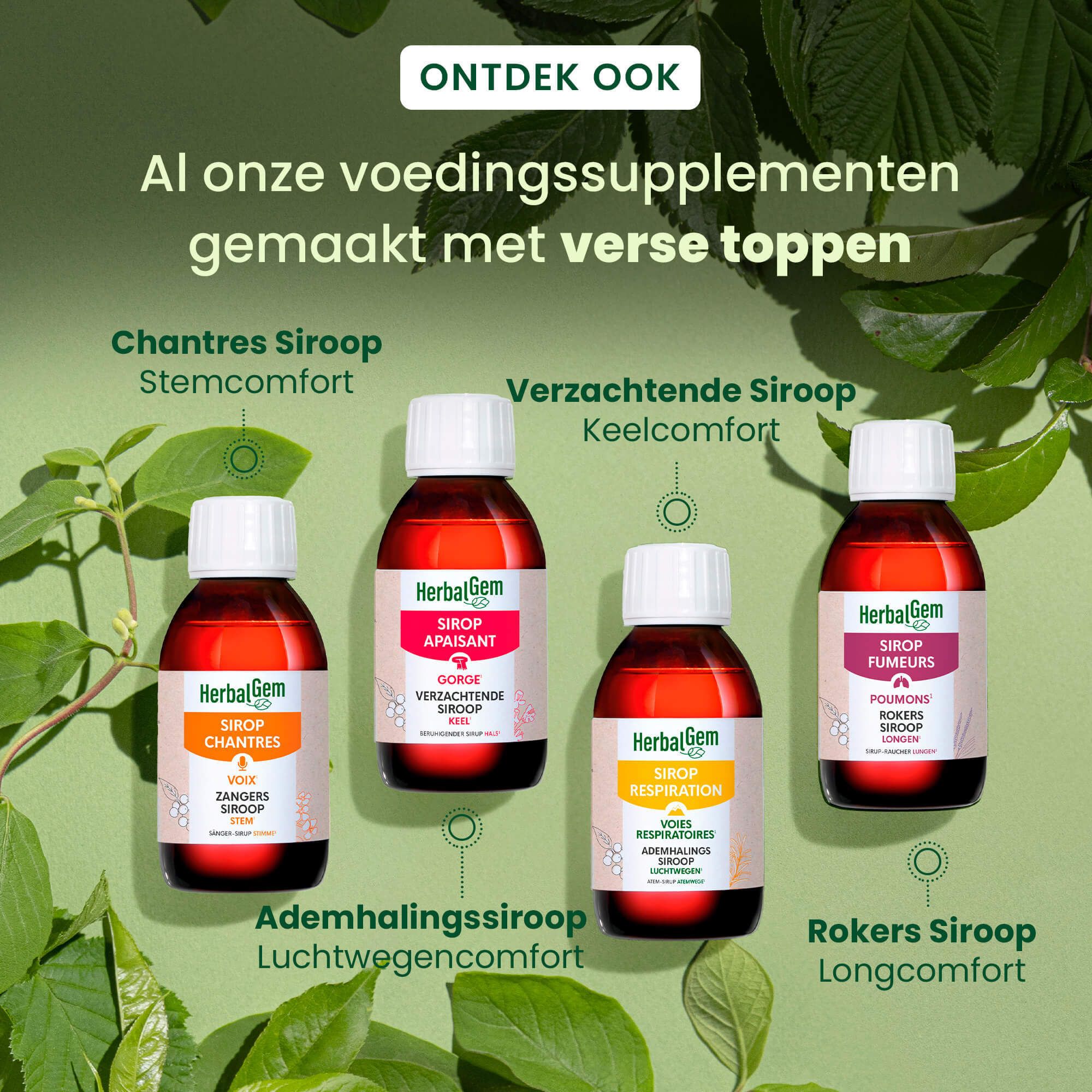 Vier flessen. HerbalGem Sirop. Tekst: Chantres Siroop, Verzachtende Siroop, Ademhalingssiroop, Rokers Siroop.