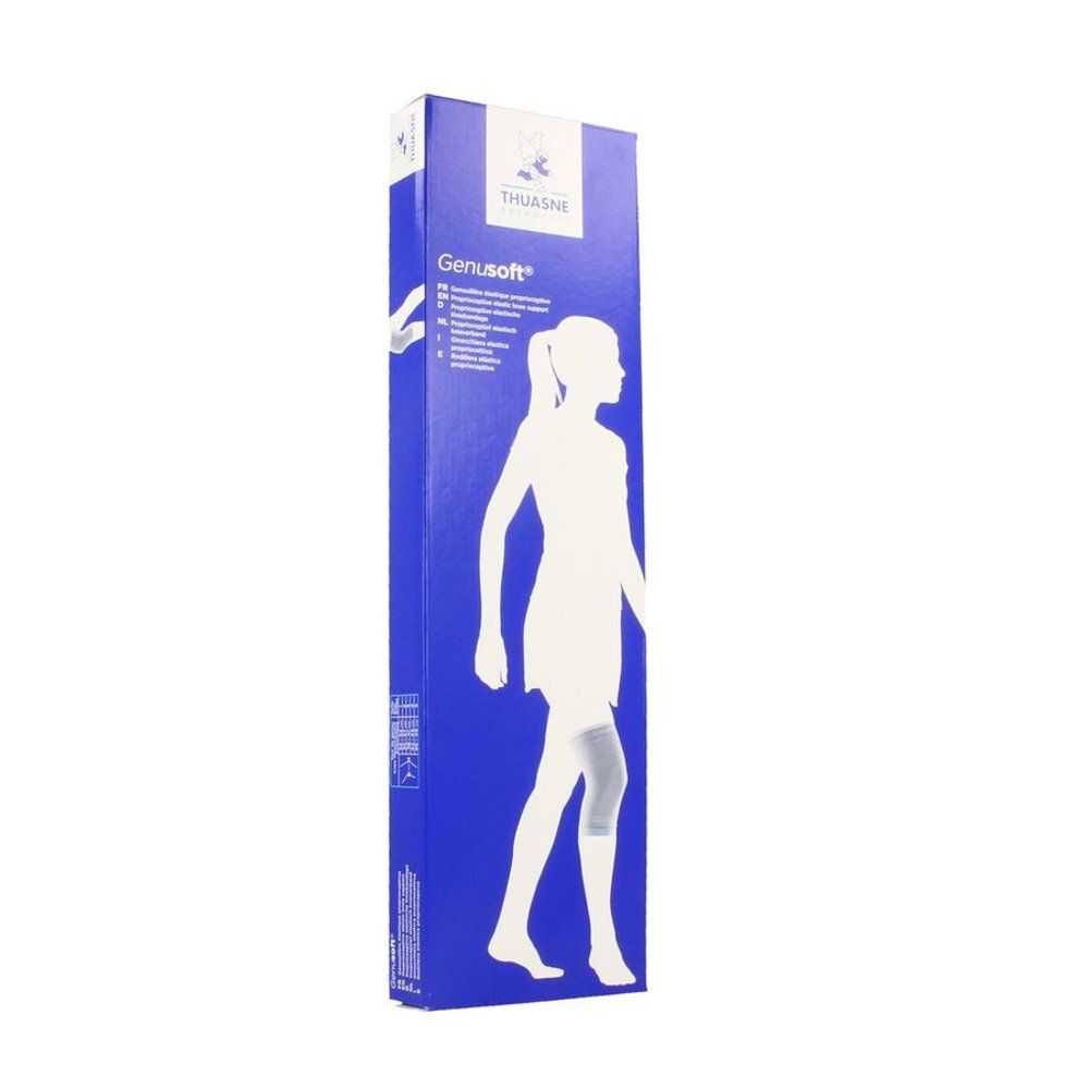 Boîte bleue avec silhouette blanche d'une femme portant une genouillère. Marque Thuasne et nom du produit Genusoft.