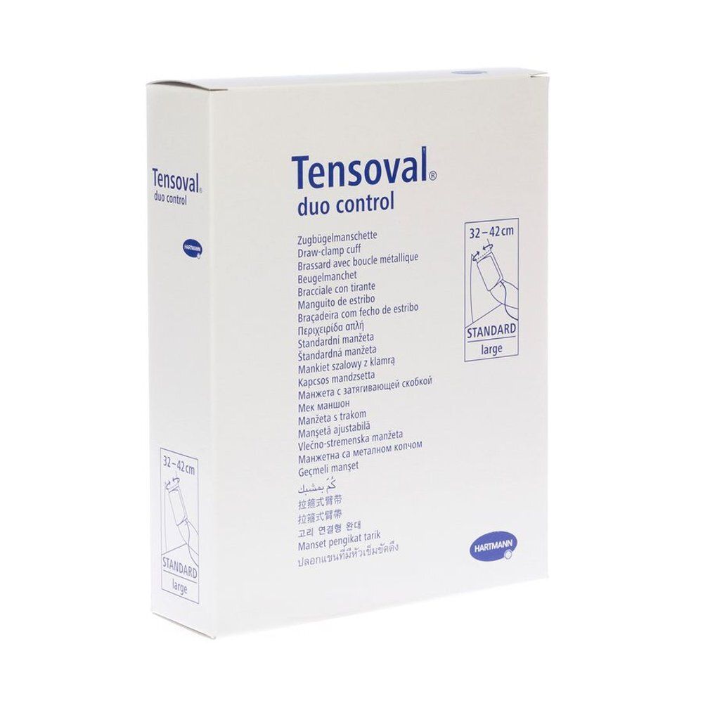 Emballage blanc avec le nom du produit Tensoval duo control. Taille 32-42 cm et Standard/Large. Logo du fabricant.