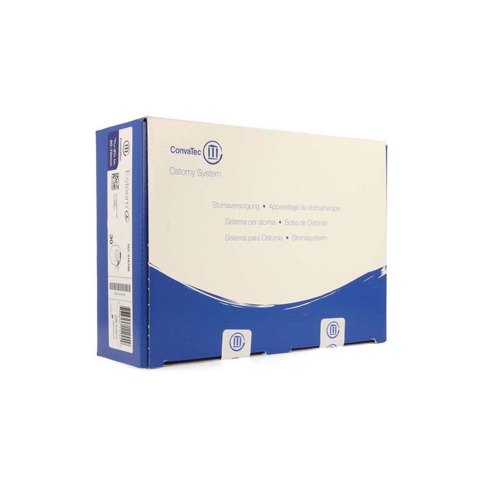 Boîte de produit ConvaTec Ostomy System. Emballage bleu et blanc. Inscriptions en plusieurs langues.