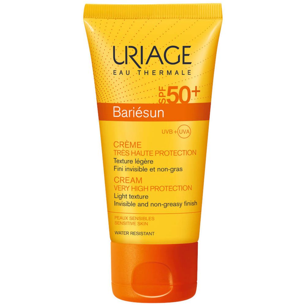 Tube jaune Uriage BARIÉSUN SPF50+. Texte et caractéristiques du produit visibles.