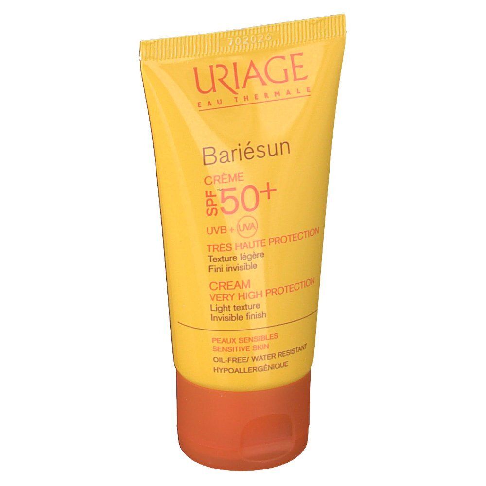 Tube jaune Uriage BARIÉSUN SPF50+. Informations et texte du produit.