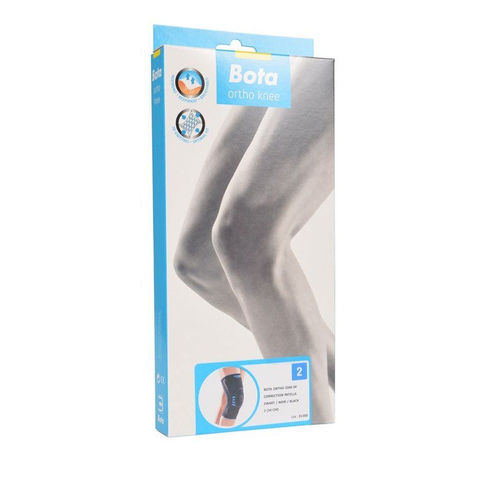 Kniebrace Bota Ortho Knee, maat 2, zwart, in verpakking. Illustratie van benen op de verpakking.