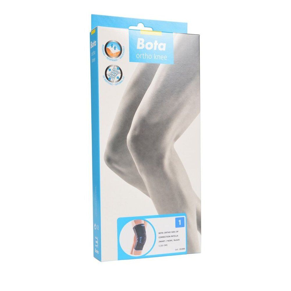 Boîte Bota Ortho genou. Illustration de genoux. Boîte bleue et blanche avec nom et logo du produit.