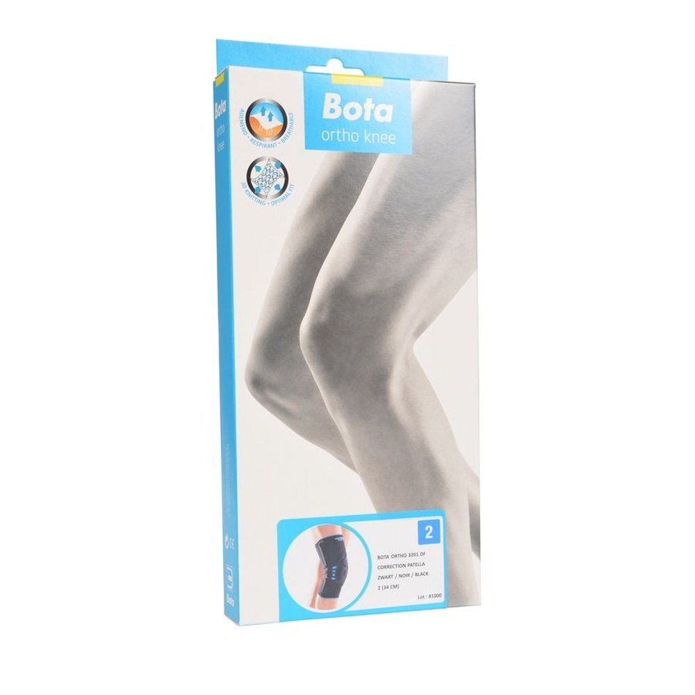 Kniebrace Bota Ortho in verpakking. Maat 2, zwart. Illustratie van een knie.