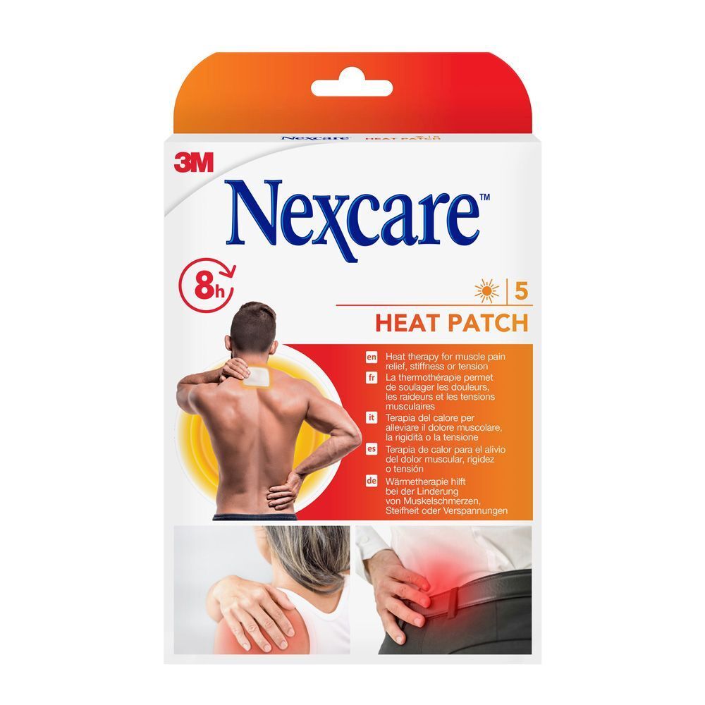 Verpakking met Nexcare Heat Patch. Bevat 5 pleisters. 8 uur warmte. Afbeelding van een man met een pleister op de nek.
