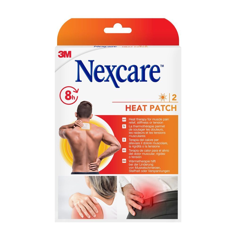 Verpakking Nexcare Heat Patch. 2 pleisters. 8 uur warmte. 3M logo. Afbeelding van een man met een pleister op zijn rug.