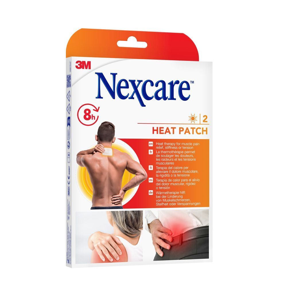Verpakking Nexcare Heat Patch. 2 pleisters. 8 uur warmte. 3M logo. Afbeelding van een man met een pleister op zijn rug.
