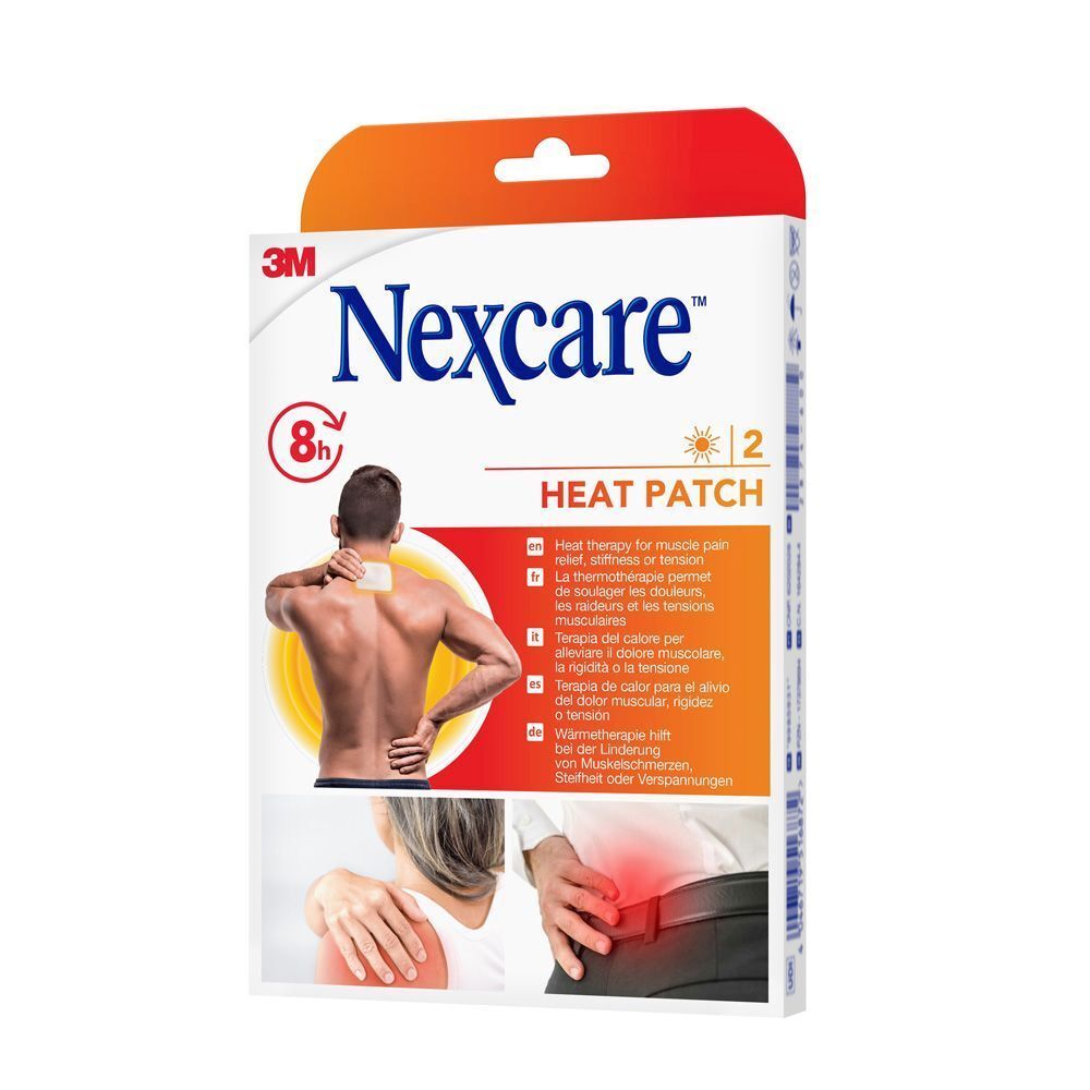 Verpakking Nexcare Heat Patch. 2 pleisters. 8 uur warmte. 3M logo. Afbeelding van een man met een pleister op zijn rug.
