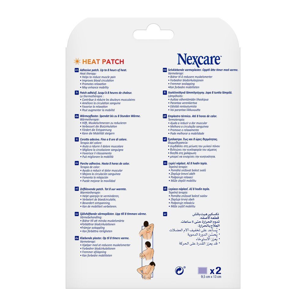 Verpakking Nexcare Heat Patch. 2 pleisters. 8 uur warmte. 3M logo. Afbeelding van een man met een pleister op zijn rug.