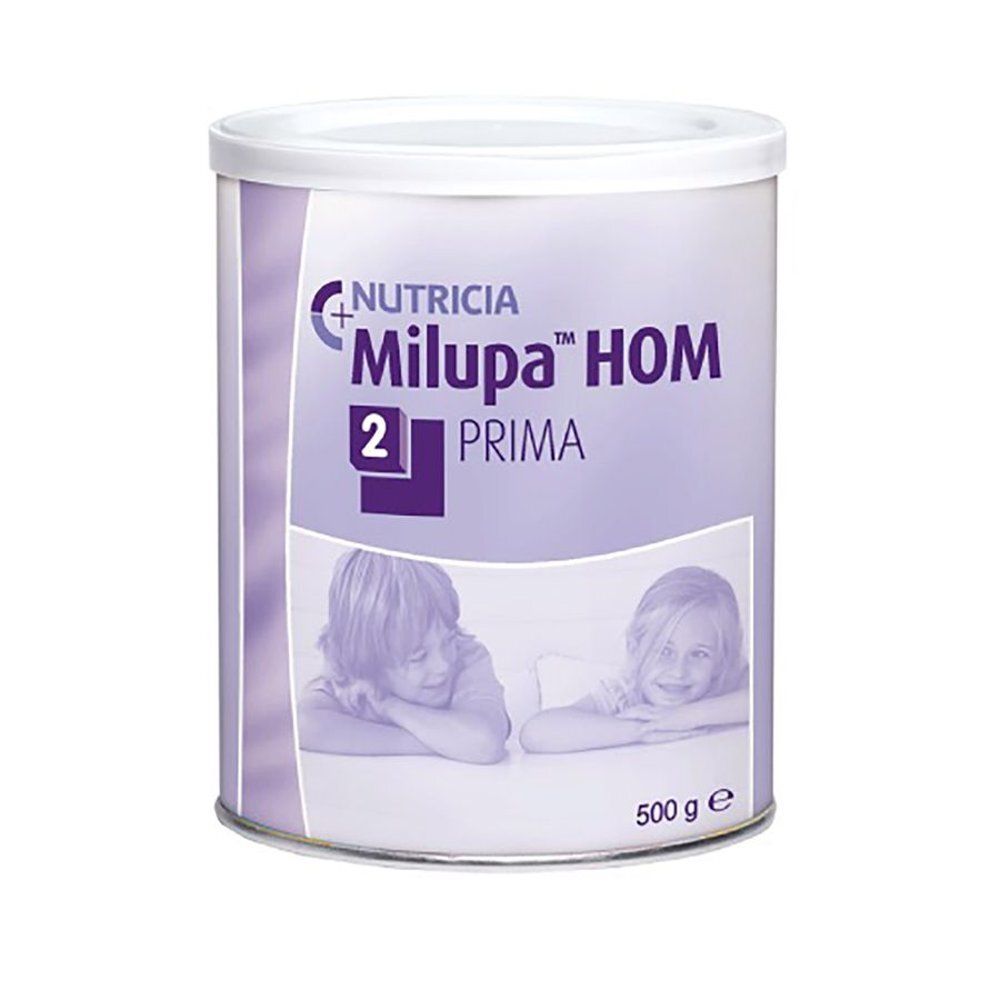 Ronde bus met deksel. Opschrift: Nutricia, Milupa HOM 2 Prima. Afbeelding van kinderen. Gewicht: 500 g.