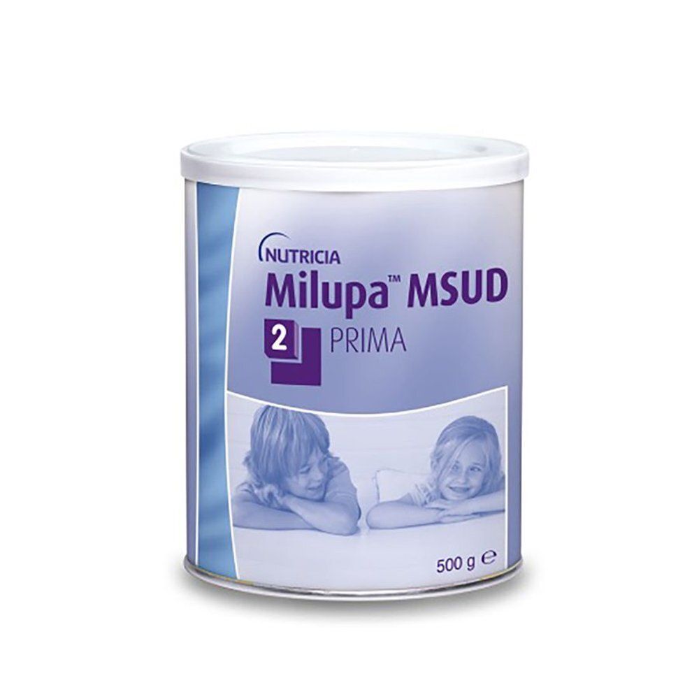 Ronde bus met deksel. Opschrift: Nutricia, Milupa MSUD 2 Prima. Afbeelding van twee kinderen. Gewicht: 500 g.