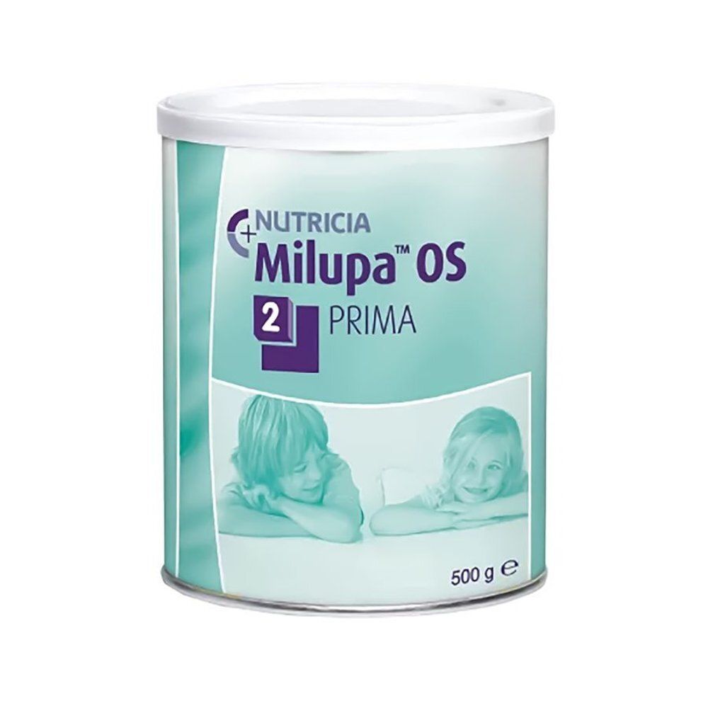 Ronde bus met deksel. Opschrift: Nutricia Milupa OS 2 Prima. Afbeelding van kinderen. Gewicht: 500 g.